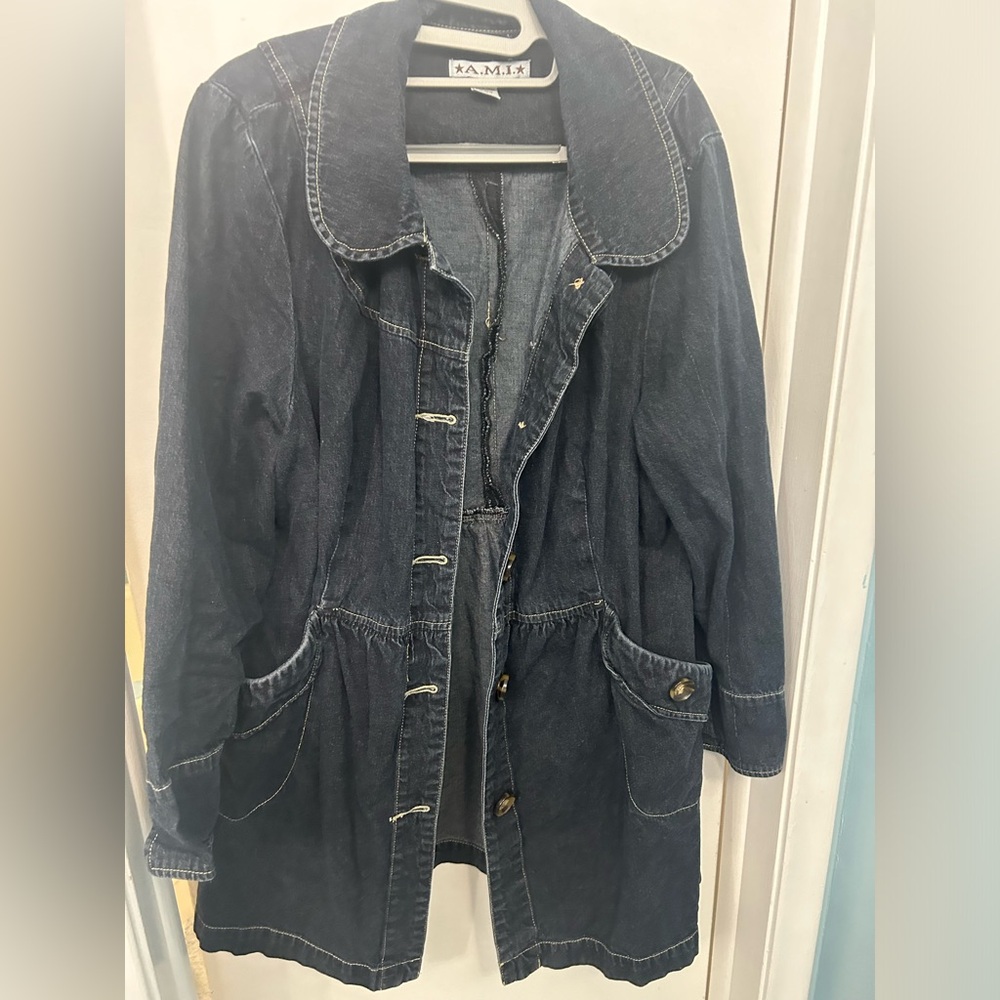 A.M.I Denim Jean Jacket. Longer length, rounded collar. 1X